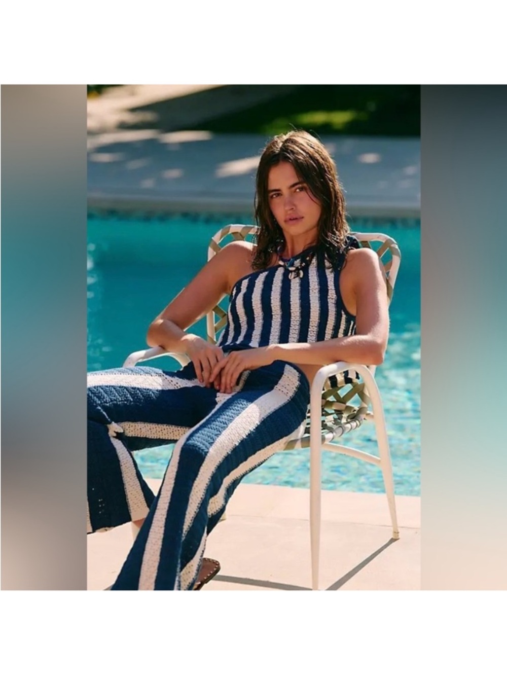 Free People Free-est Joan Fauxchet Navy & White Striped Wide-Leg Pant Set - Picture 2 of 14